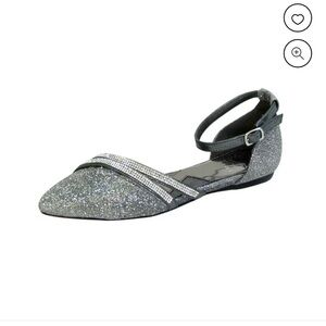 Fuzzy Hallie Silver rhinestone strapped pointy toe ballerina flats 12Wide